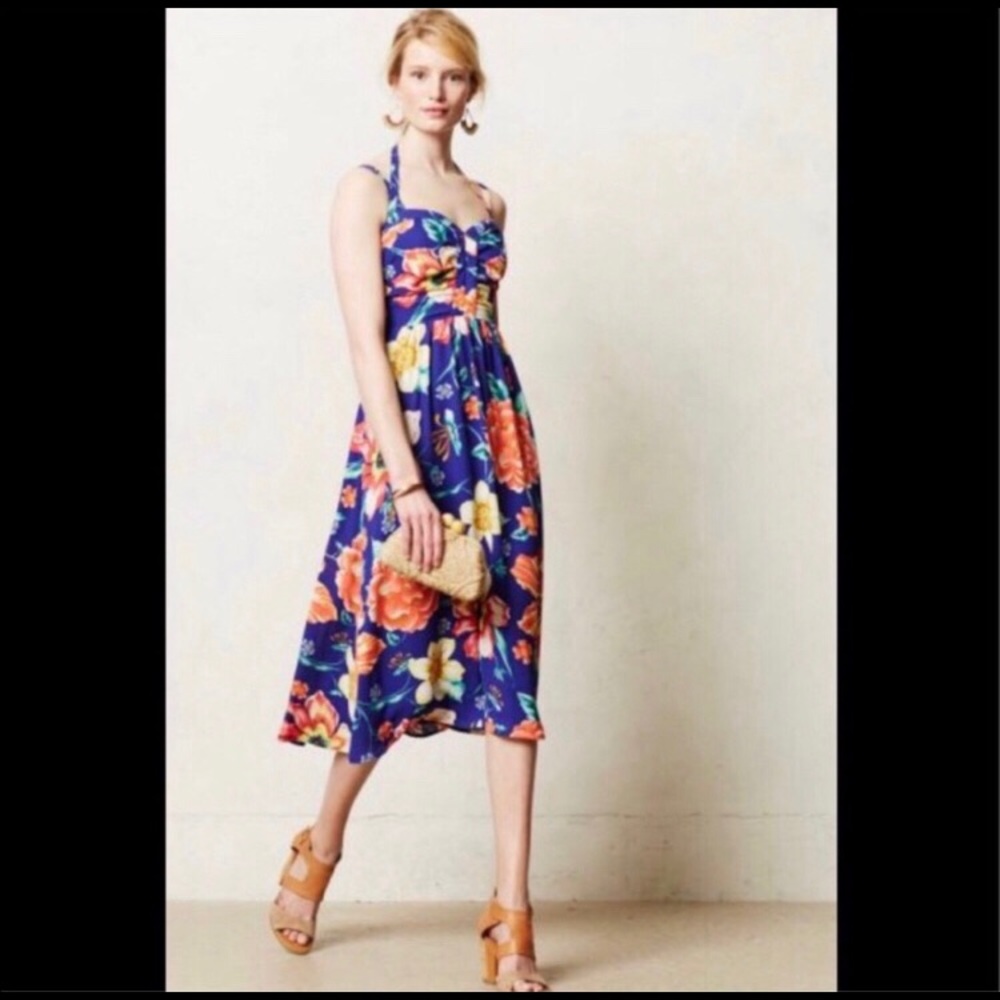 Anthropologie Navy Floral Midi Halter Dress